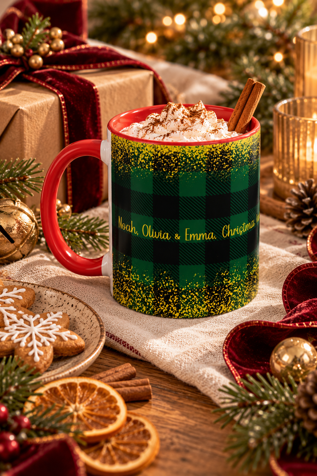 Red personalized Green Buffalo Plaid Names mug with hot cocoa by the Christmas tree, lifestyle photo