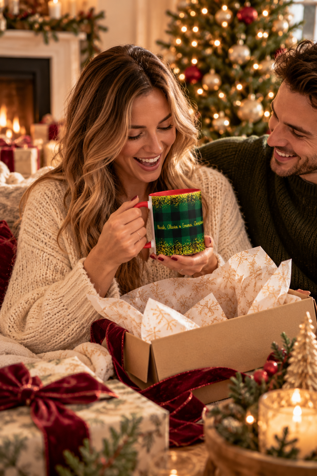 Red personalized Green Buffalo Plaid Names mug being unwrapped as a Christmas gift, lifestyle photo