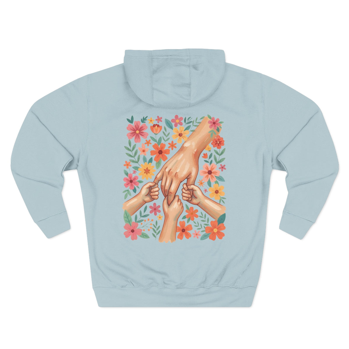 Blue Mist personalized hoodie, back view, with hand-in-hand floral design