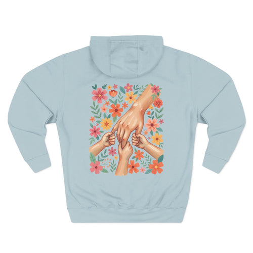 Blue Mist personalized hoodie, back view, with hand-in-hand floral design