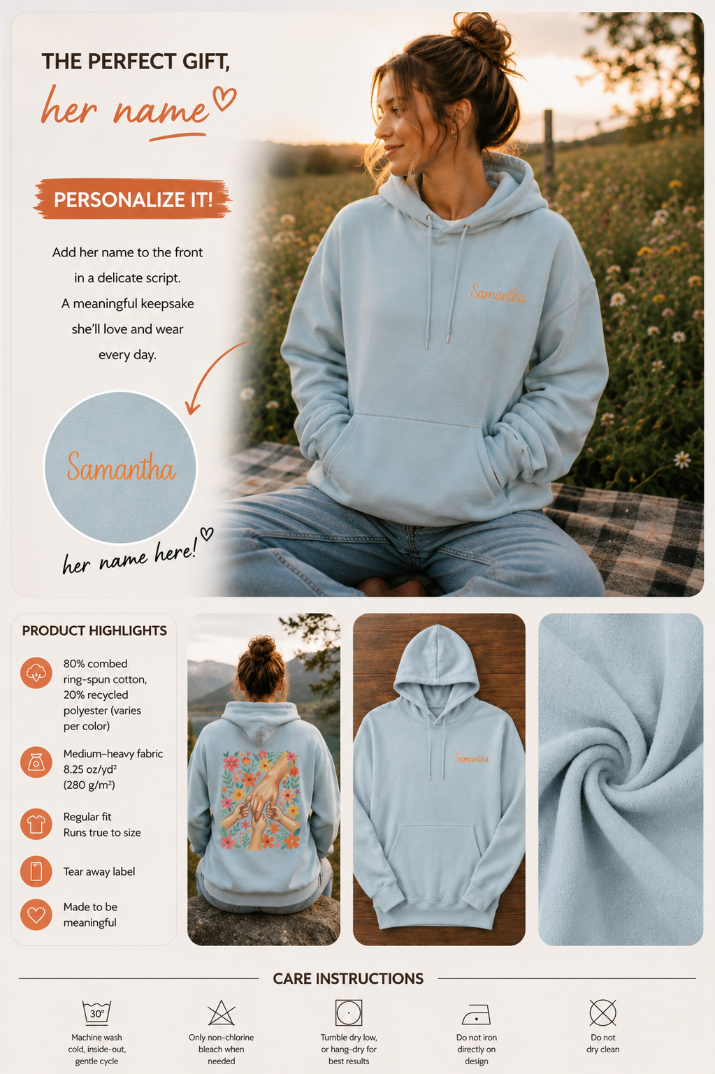 Product information graphic showing personalization placement, fabric details, and care instructions