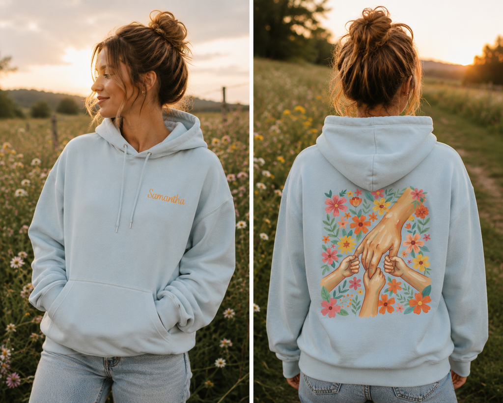 Woman wearing the personalized hoodie, front view with name on the chest and back view showing the design