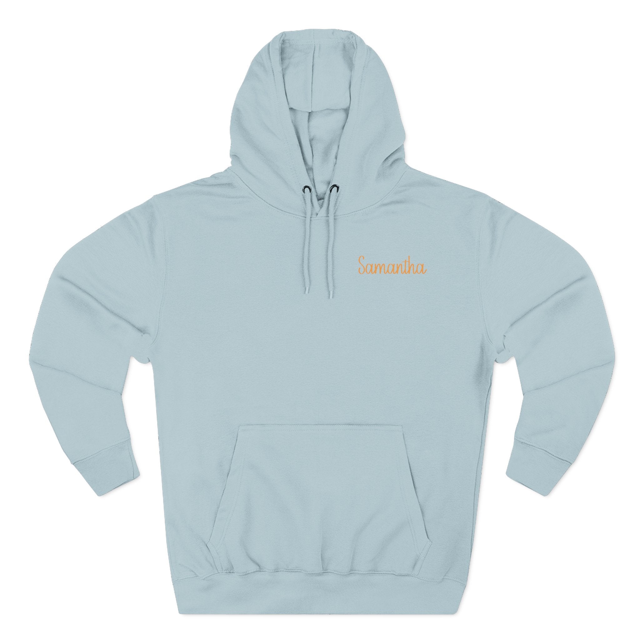 Front view of blue mist hoodie with customizable name embroidered on the chest