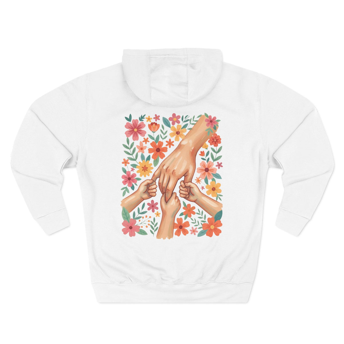Front view of white hoodie with customizable name embroidered on the chest