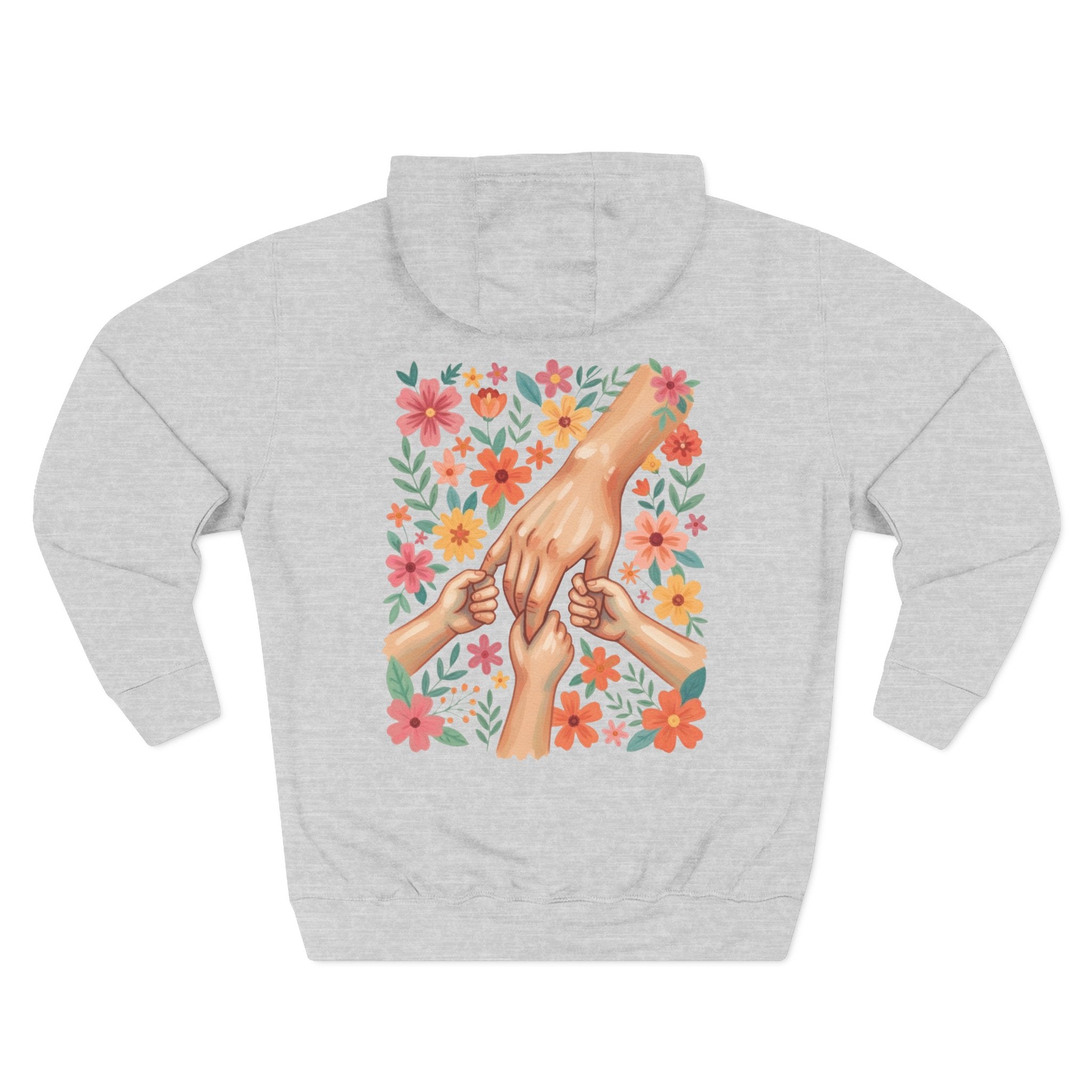 Front view of heather grey hoodie with customizable name embroidered on the chest