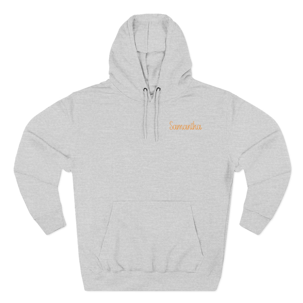 Back view of heather grey hoodie with hand-in-hand floral design