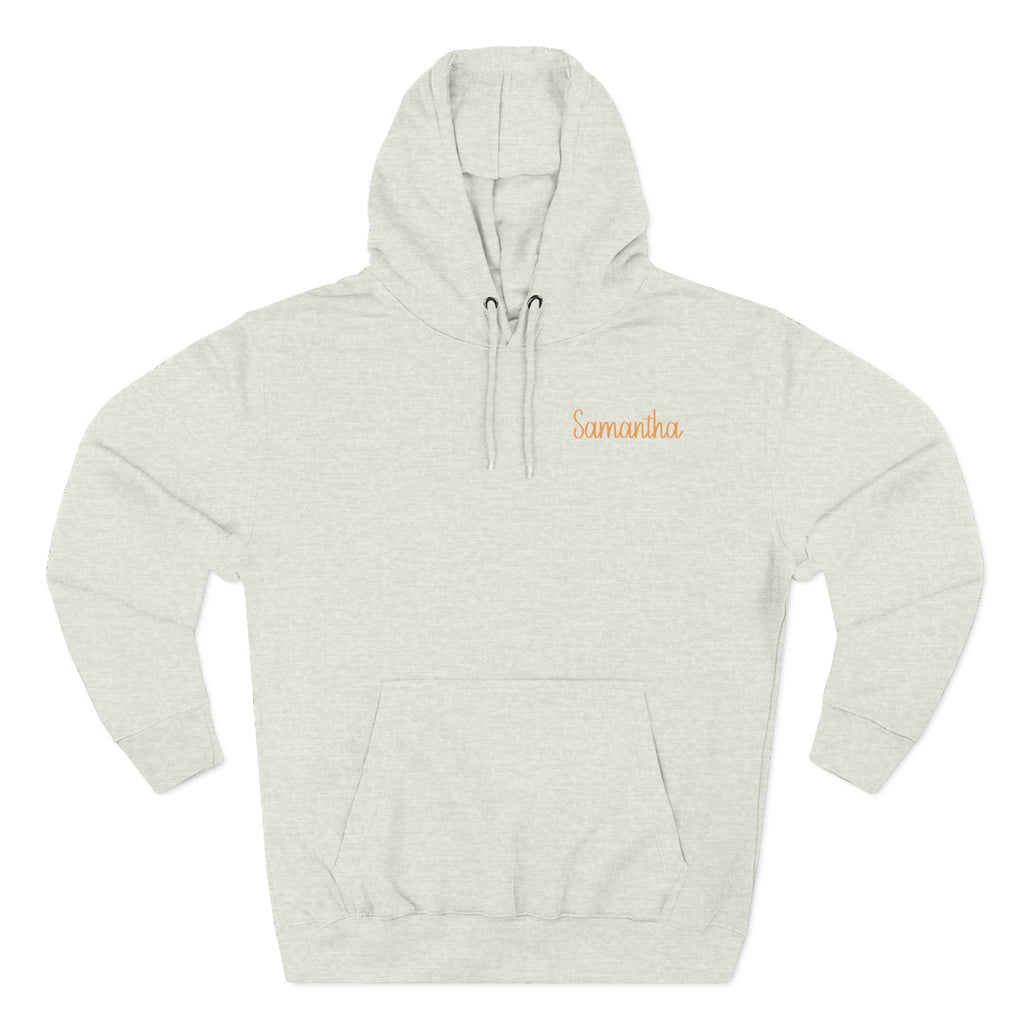 Back view of oatmeal heather hoodie with hand-in-hand floral design