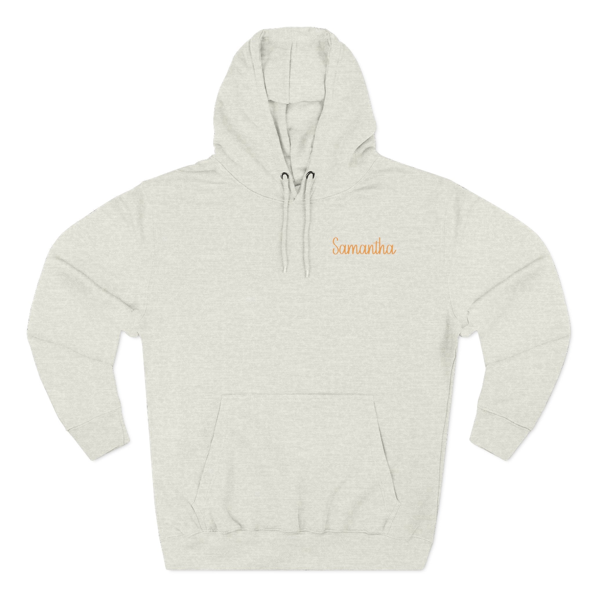 Back view of oatmeal heather hoodie with hand-in-hand floral design