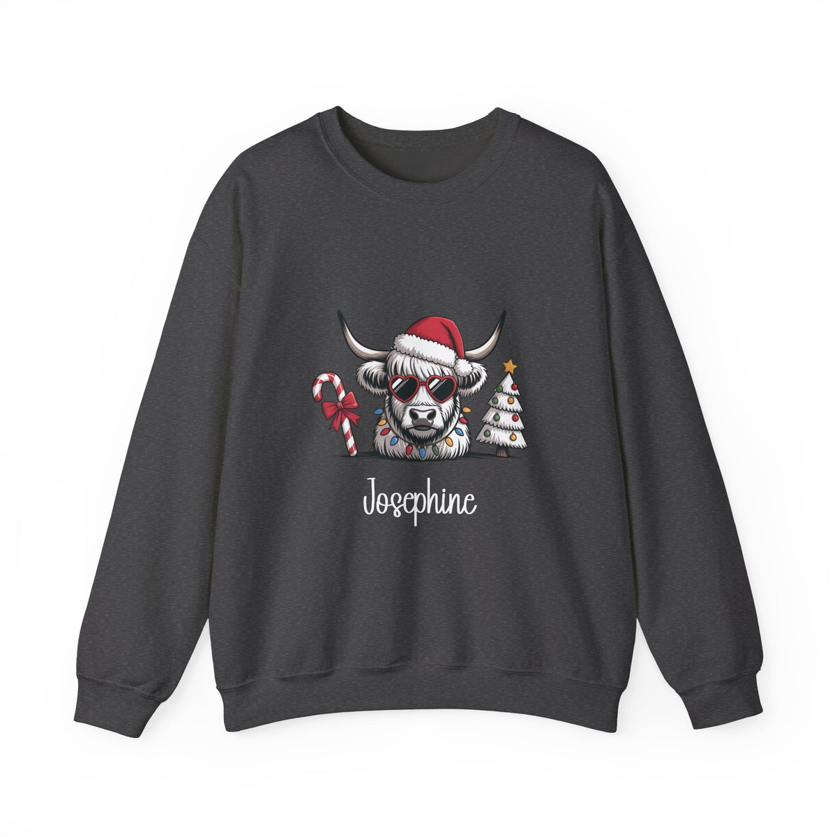 Dark Heather personalized Highland Cow Christmas sweatshirt, front view