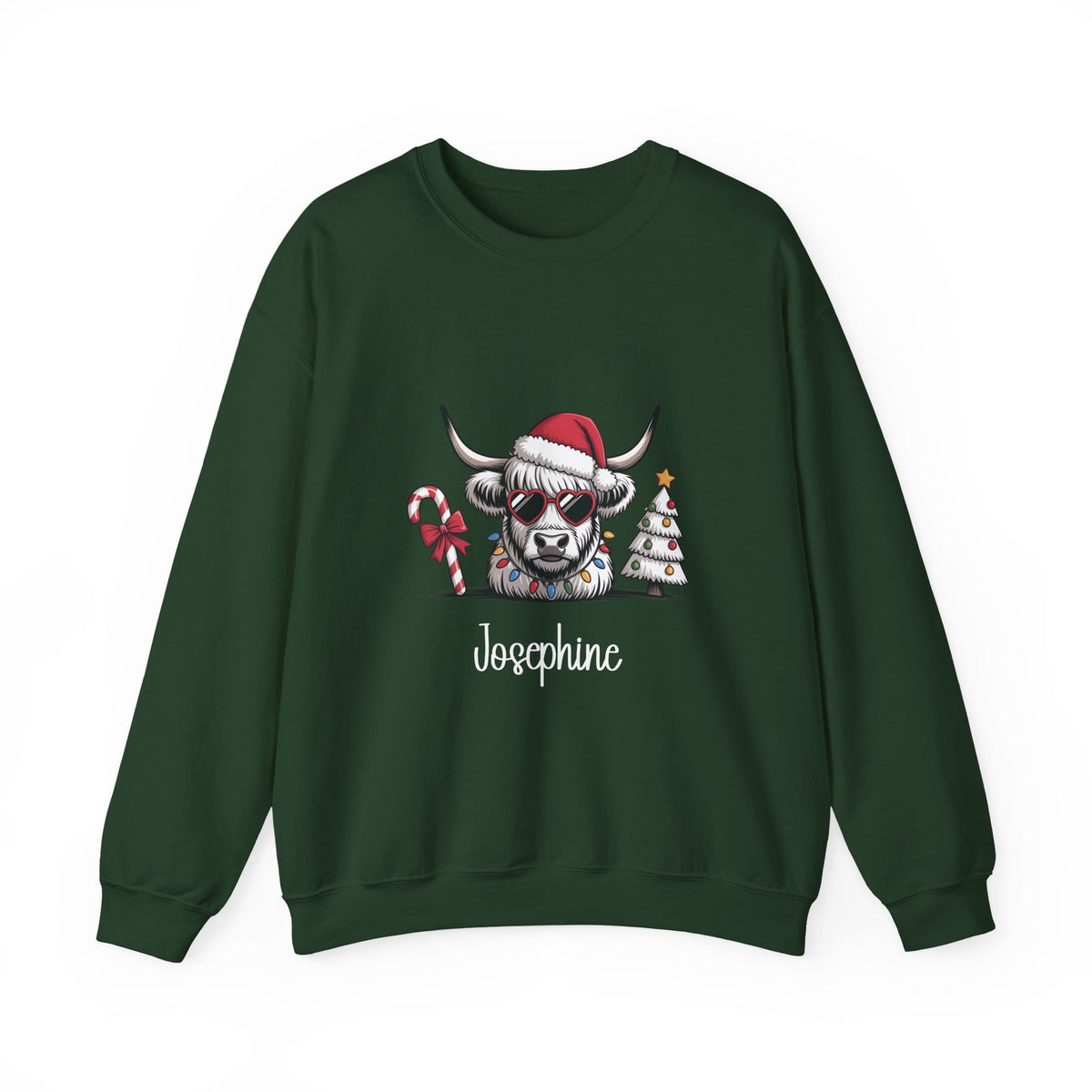 Forest Green personalized Highland Cow Christmas sweatshirt, front view