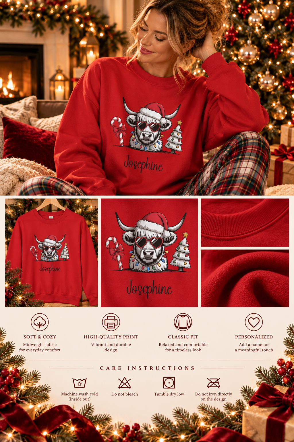 Personalized Highland Cow Christmas sweatshirt infographic with features, gift details and care instructions