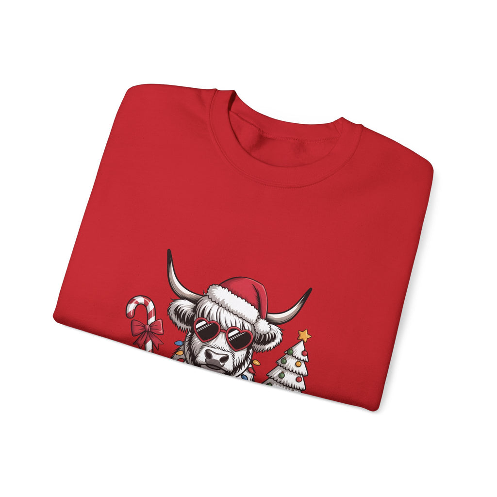 Red personalized Highland Cow Christmas sweatshirt, folded