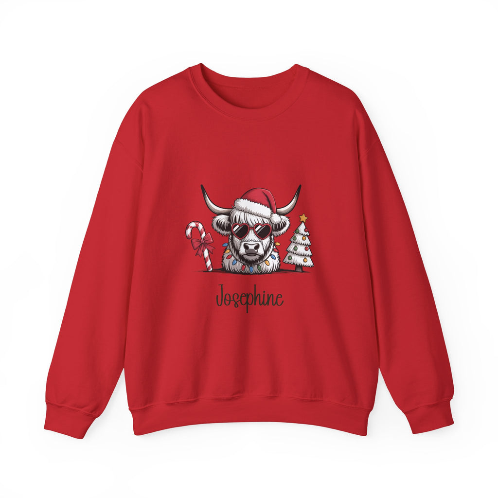 Red personalized Highland Cow Christmas sweatshirt, front view
