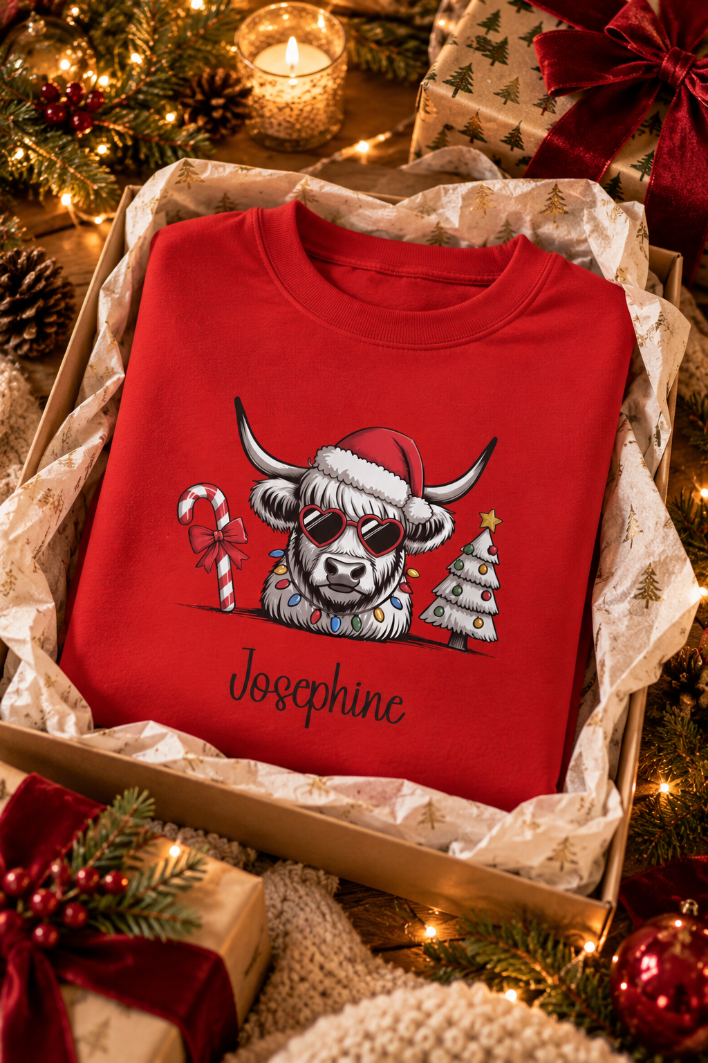 Red personalized Highland Cow Christmas sweatshirt, in a Christmas gift box, lifestyle photo