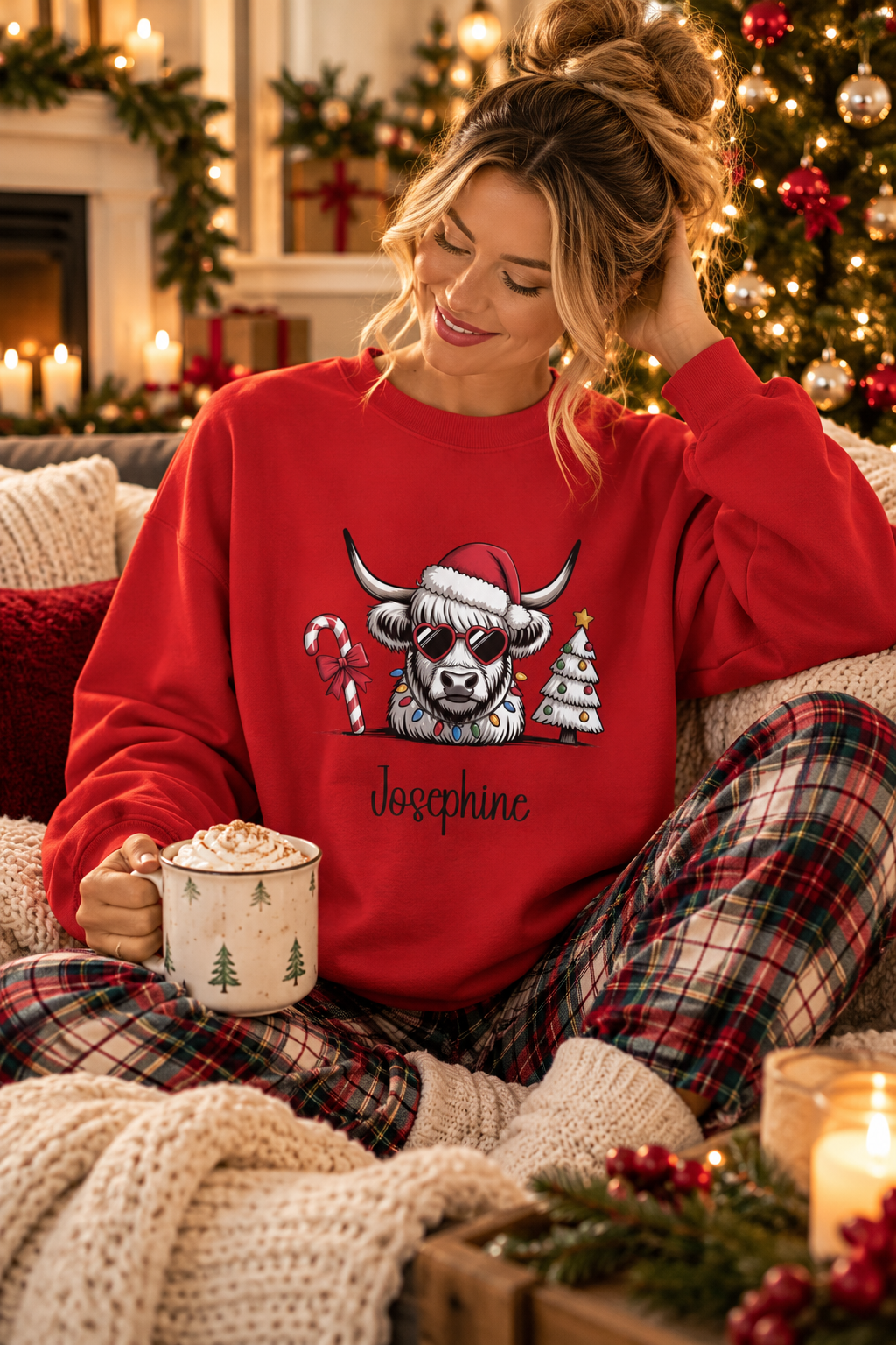Red personalized Highland Cow Christmas sweatshirt, lifestyle photo by the Christmas tree