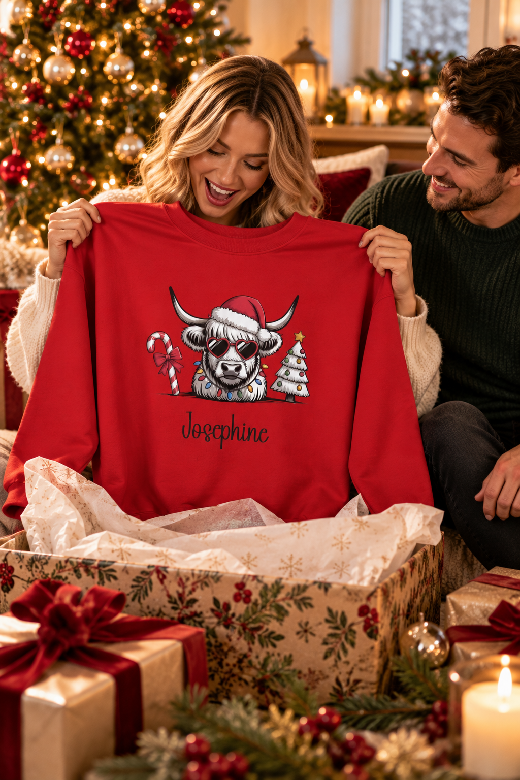 Red personalized Highland Cow Christmas sweatshirt, couple unwrapping it as a Christmas gift, lifestyle photo