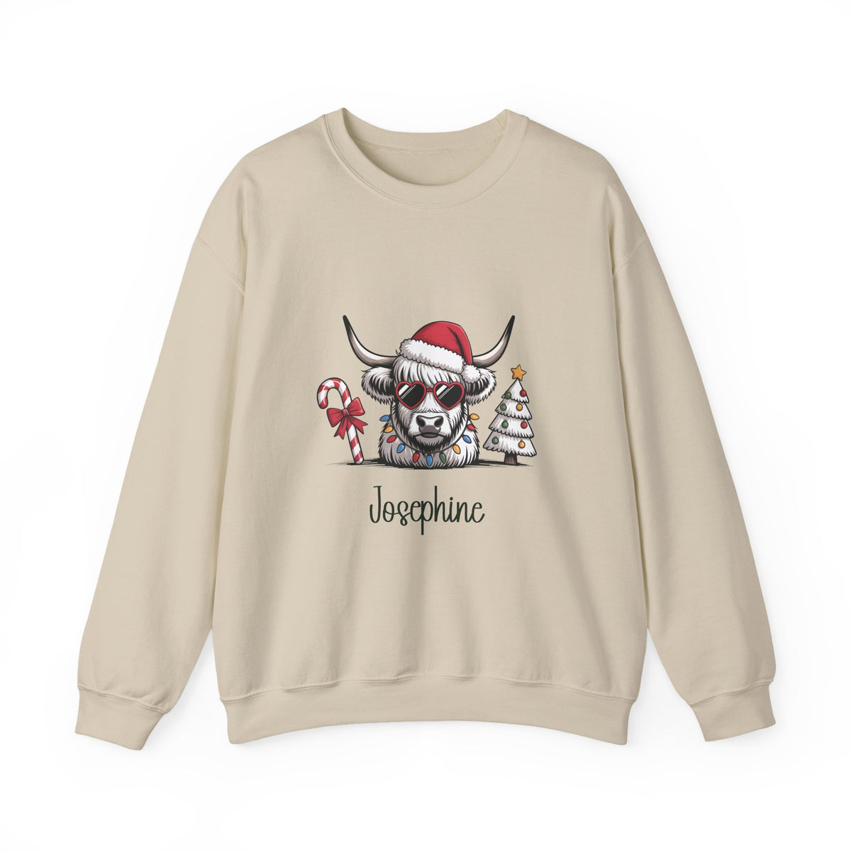 Sand personalized Highland Cow Christmas sweatshirt, front view