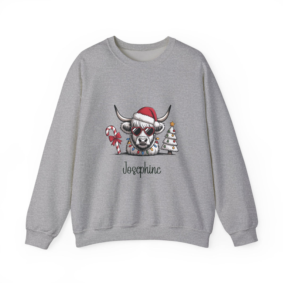 Sport Grey personalized Highland Cow Christmas sweatshirt, front view