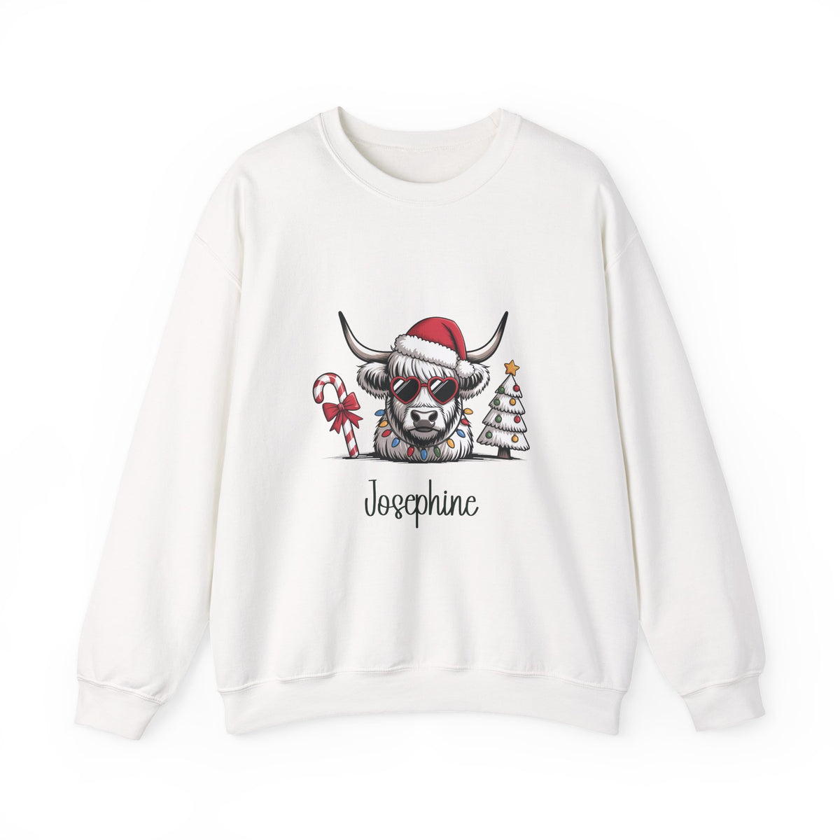 White personalized Highland Cow Christmas sweatshirt, front view