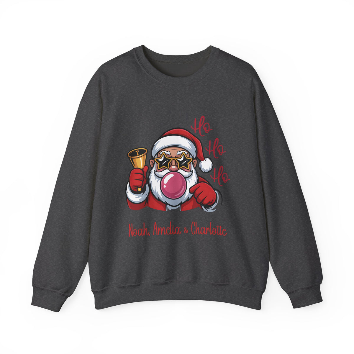 Dark Heather personalized Ho Ho Ho Santa sweatshirt, front view