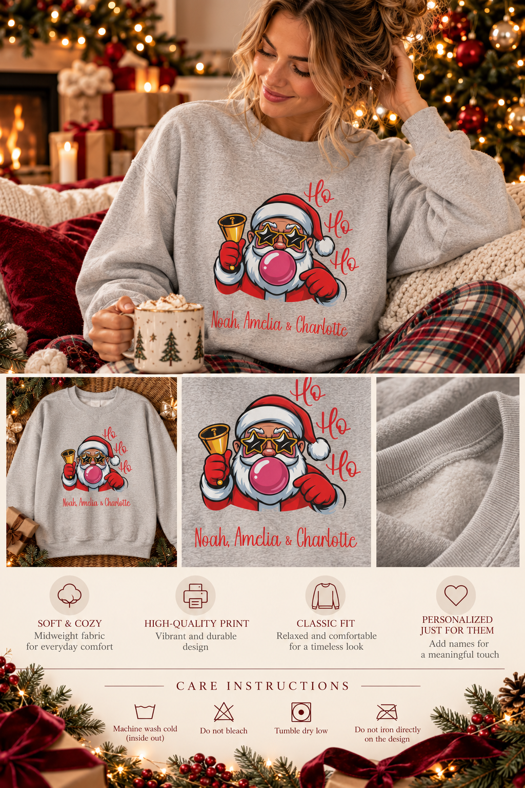 Personalized Ho Ho Ho Santa sweatshirt infographic with features, gift details and care instructions