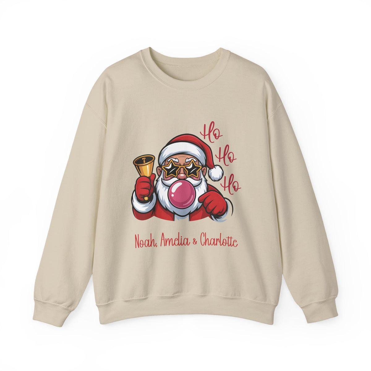 Sand personalized Ho Ho Ho Santa sweatshirt, front view