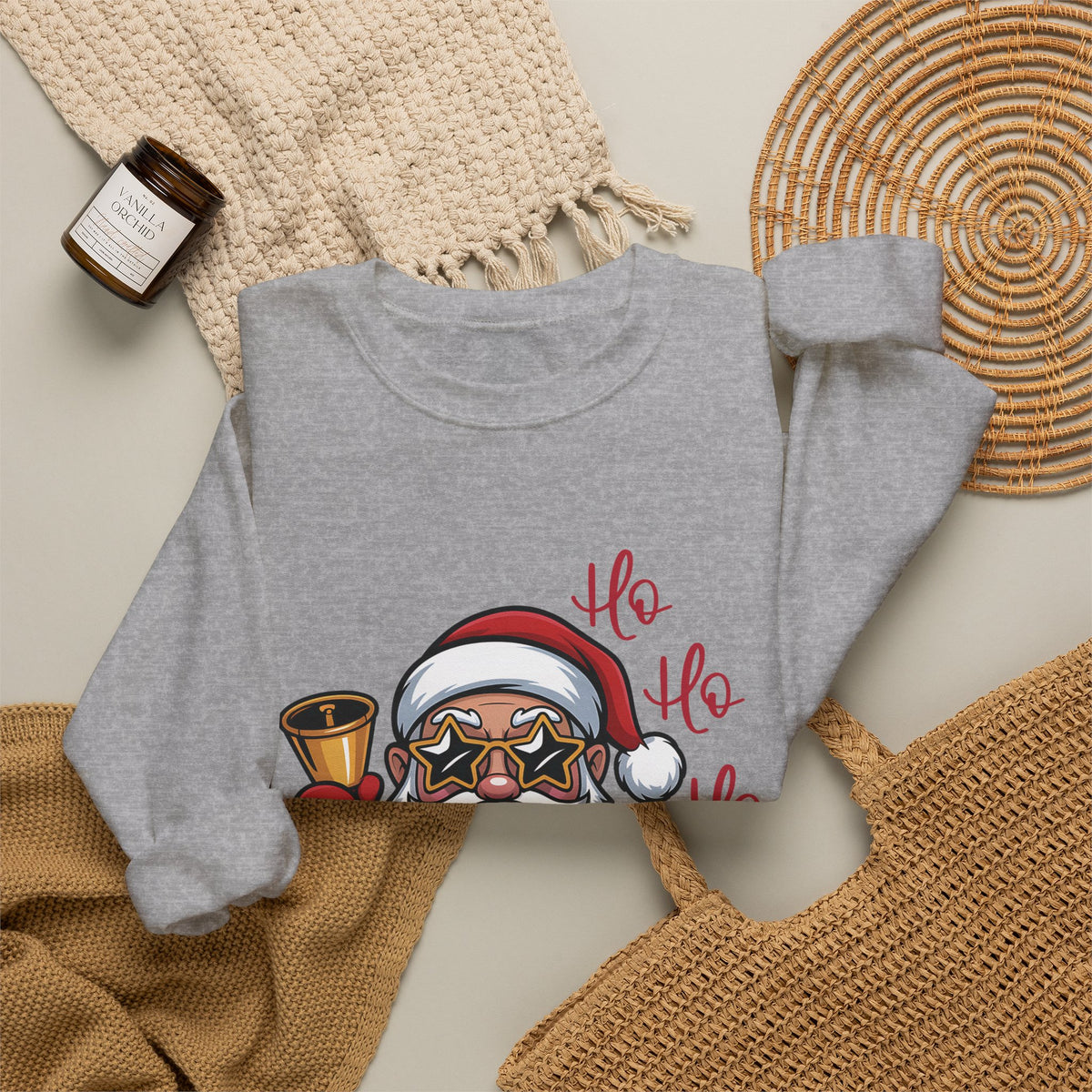 Sport Grey personalized Ho Ho Ho Santa sweatshirt, flat lay with cozy knit blanket