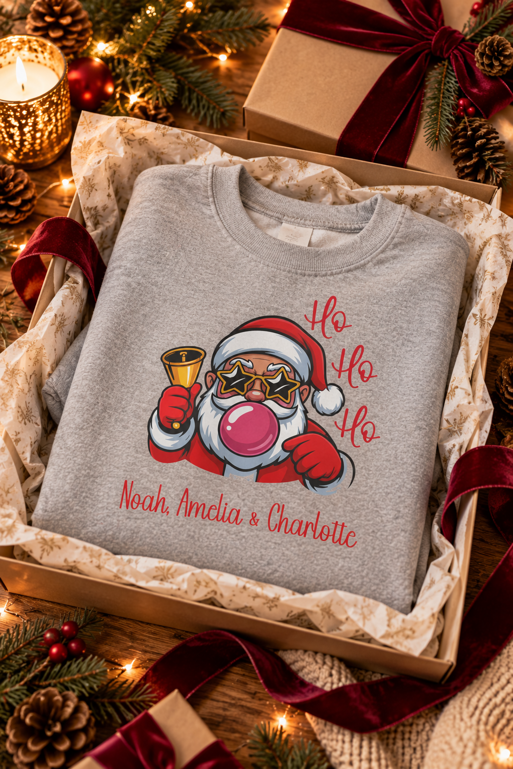 Sport Grey personalized Ho Ho Ho Santa sweatshirt, in a Christmas gift box, lifestyle photo