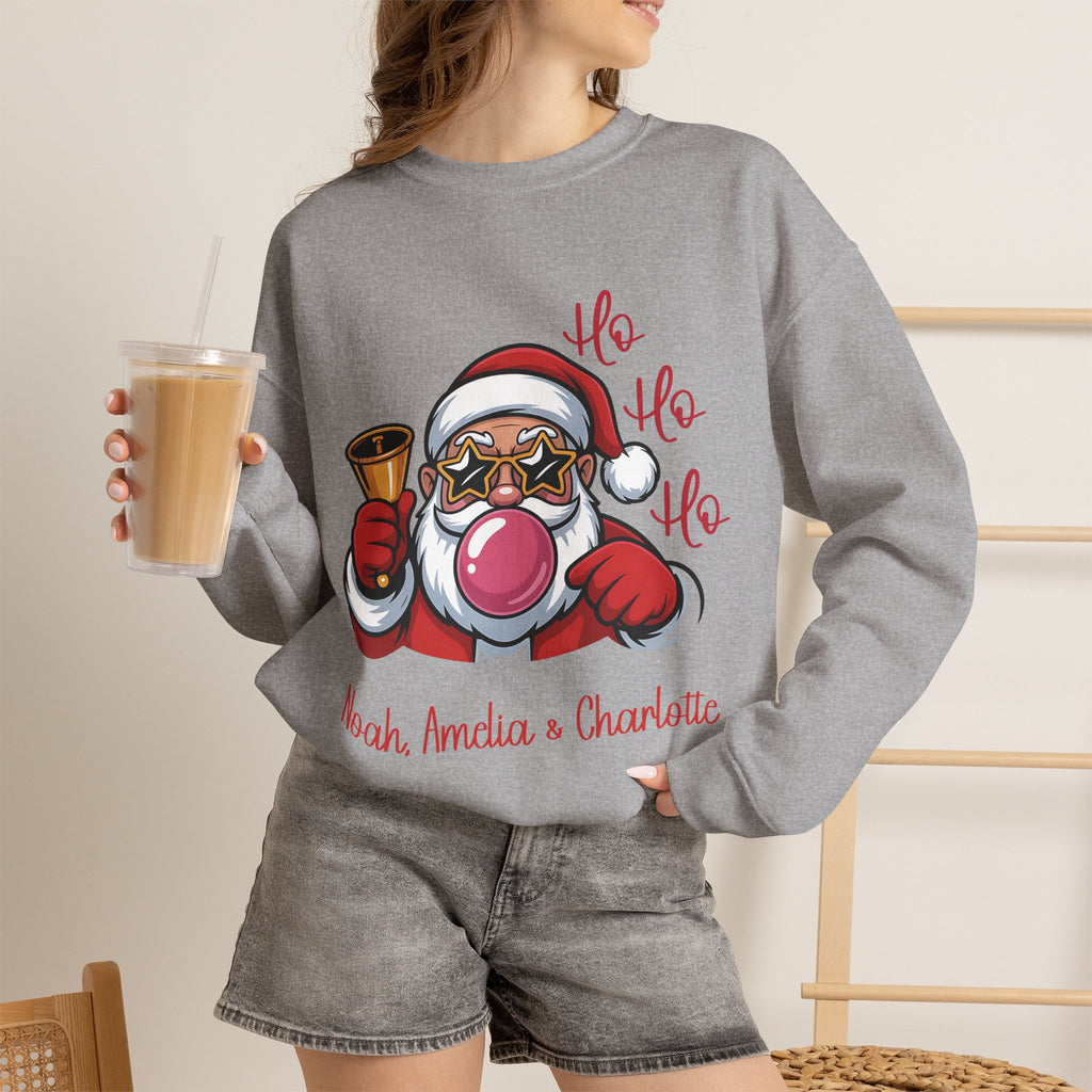 Sport Grey personalized Ho Ho Ho Santa sweatshirt, worn by model