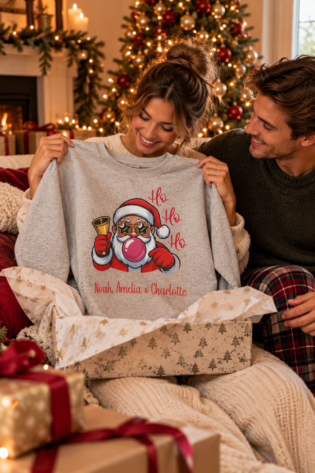 Sport Grey personalized Ho Ho Ho Santa sweatshirt, couple unwrapping it as a Christmas gift, lifestyle photo