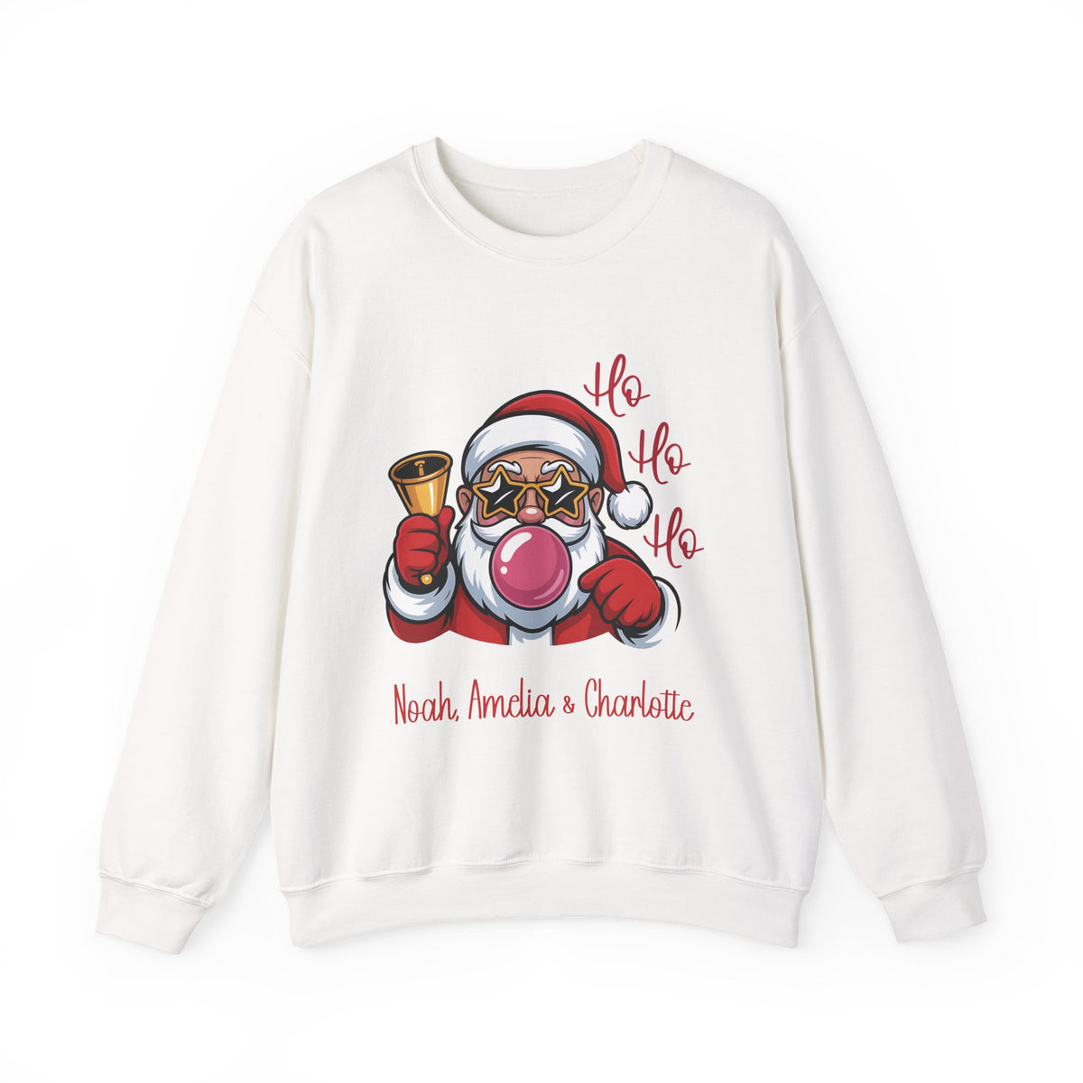 White personalized Ho Ho Ho Santa sweatshirt, front view