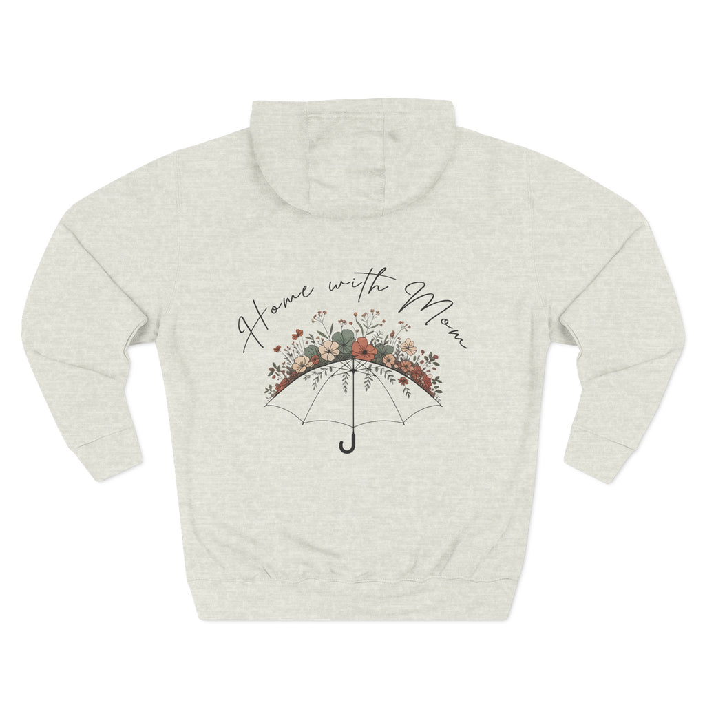 Oatmeal heather personalized hoodie, back view, with “Home with Mom” design