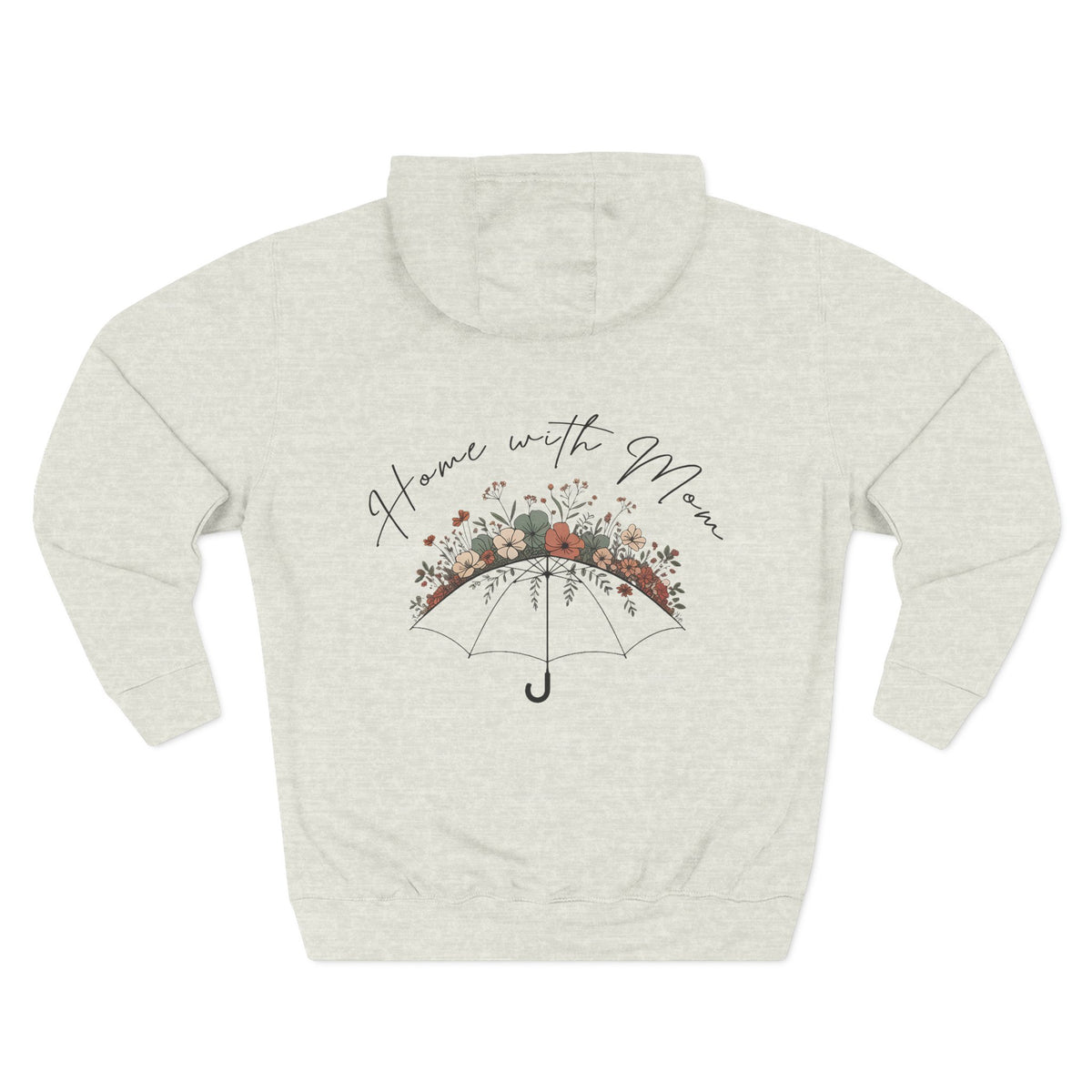 Oatmeal heather personalized hoodie, back view, with “Home with Mom” design