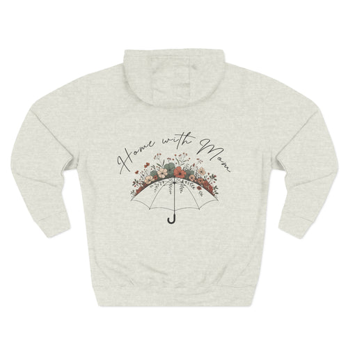 Oatmeal heather personalized hoodie, back view, with “Home with Mom” design