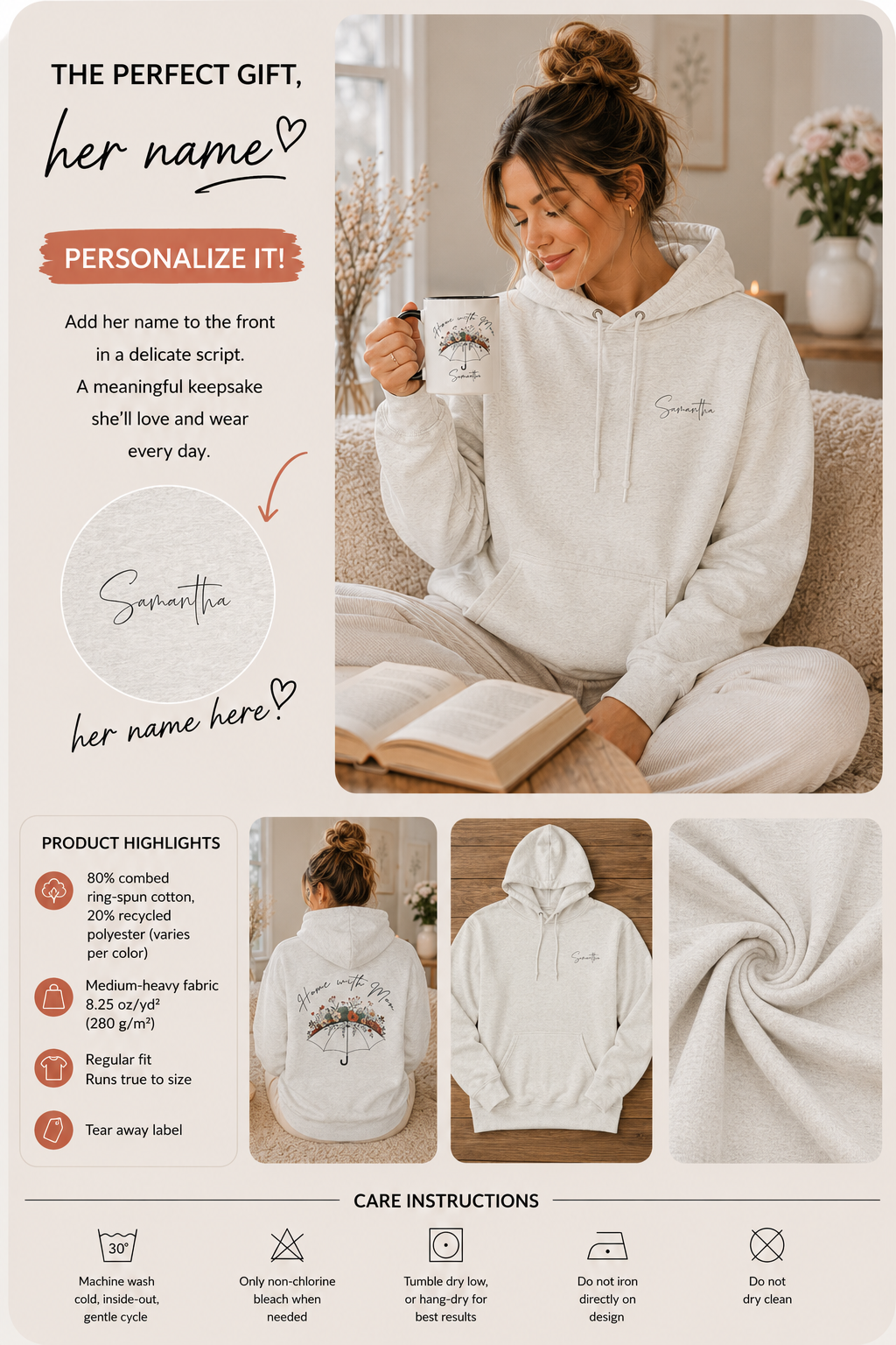 Product information graphic showing personalization placement, fabric details, and care instructions
