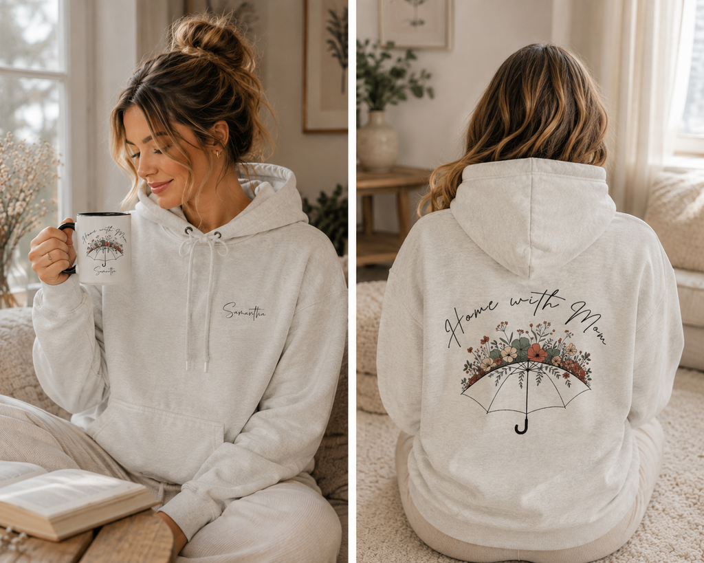 Woman wearing the personalized hoodie, front view with name on the chest and back view showing the design