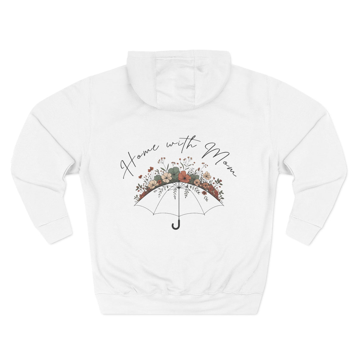Front view of white hoodie with customizable name embroidered on the chest
