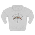 Front view of heather grey hoodie with customizable name embroidered on the chest