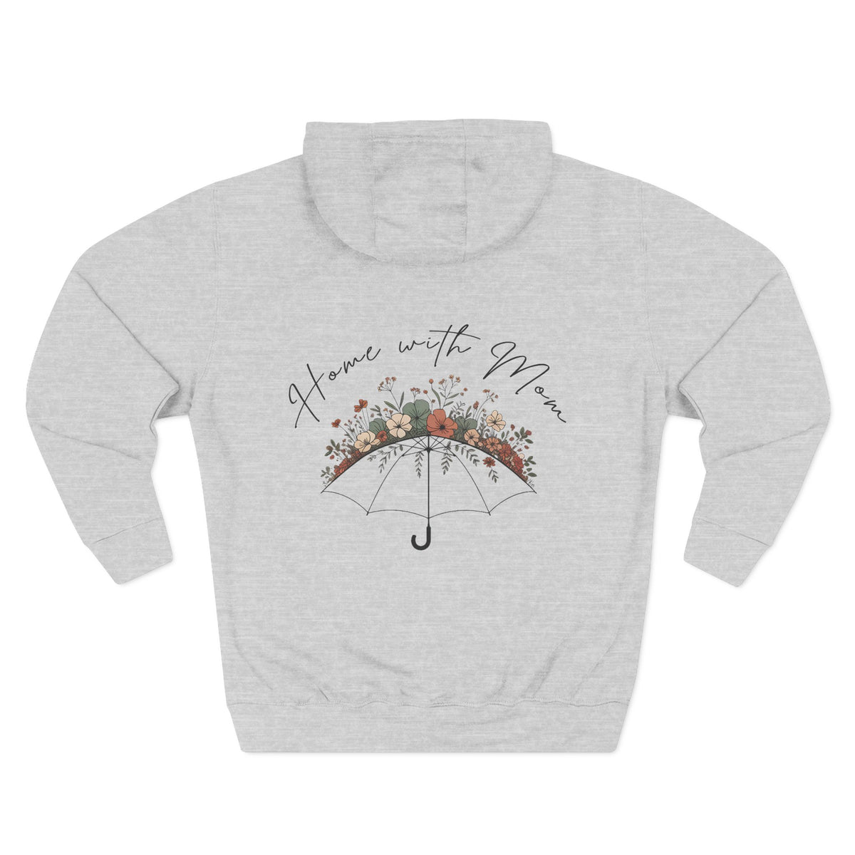 Front view of heather grey hoodie with customizable name embroidered on the chest