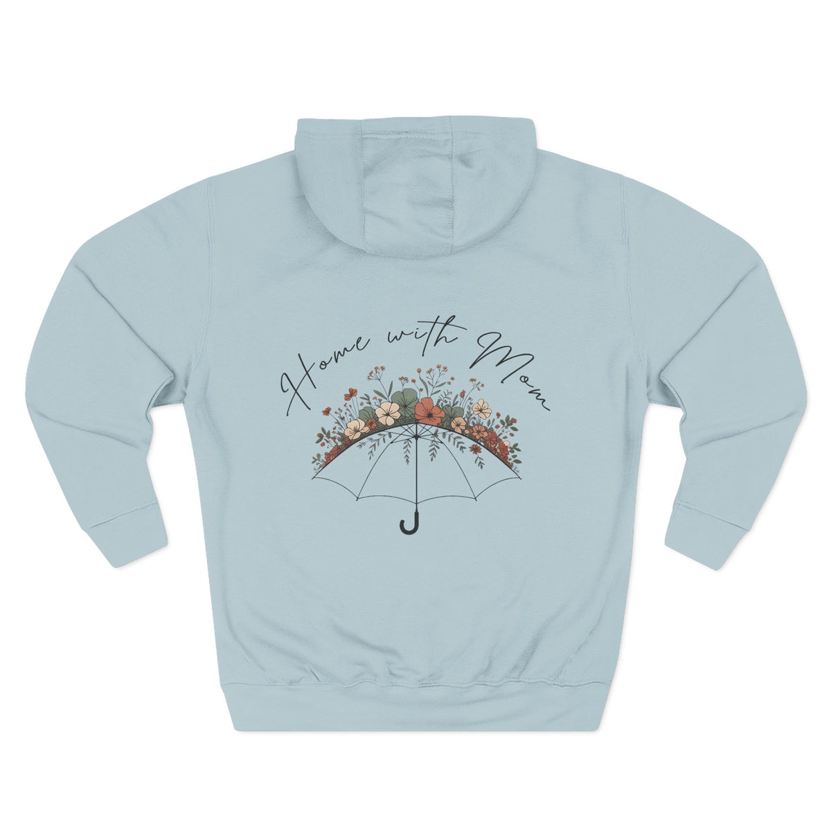 Front view of blue mist hoodie with customizable name embroidered on the chest