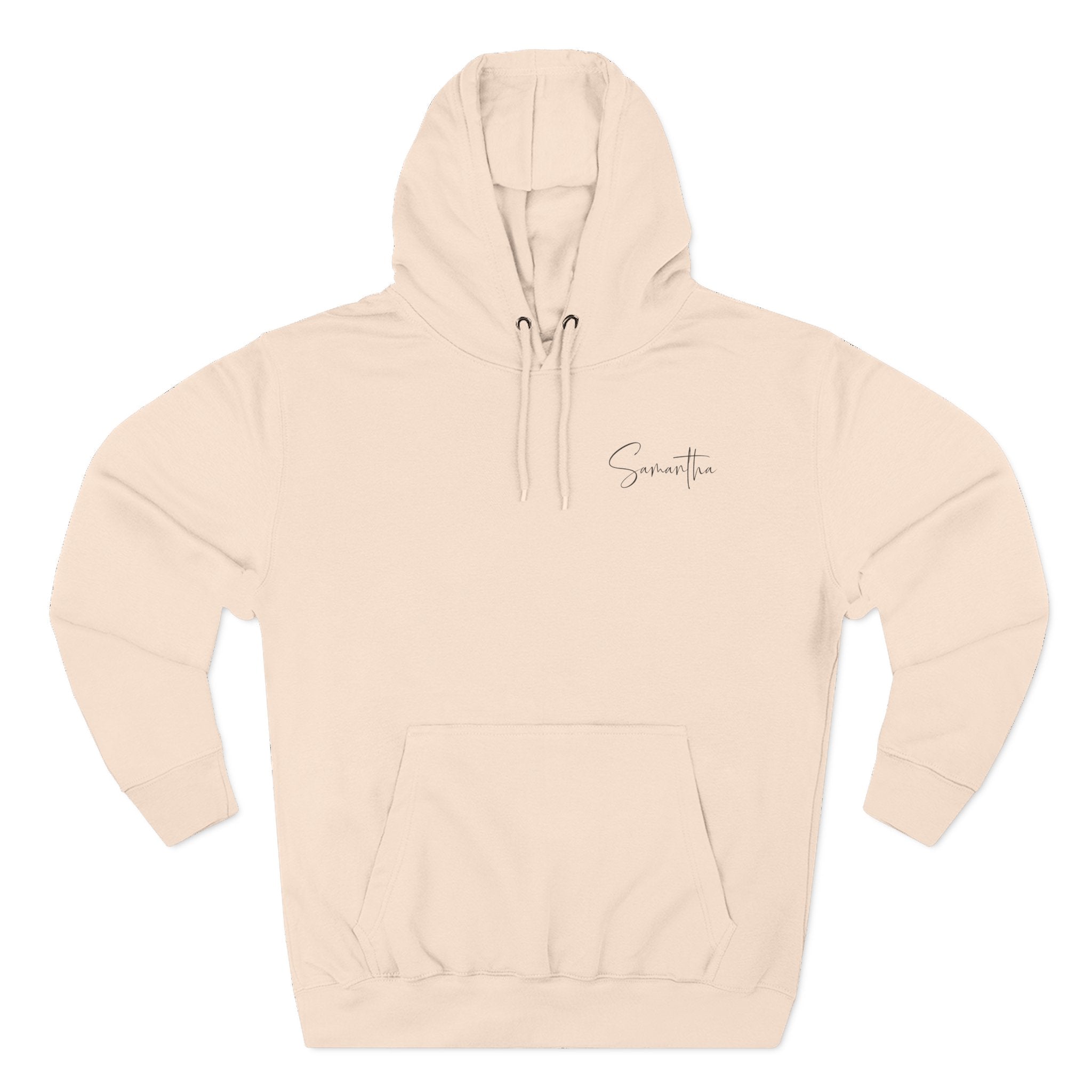 Back view of pale pink hoodie with “Home with Mom” design