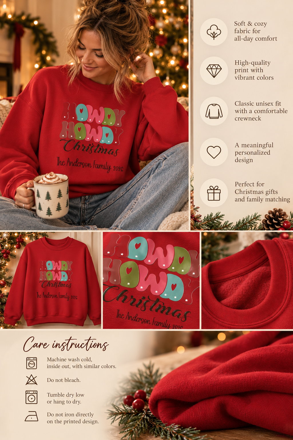 Personalized Howdy Howdy Christmas sweatshirt infographic with features, gift details and care instructions