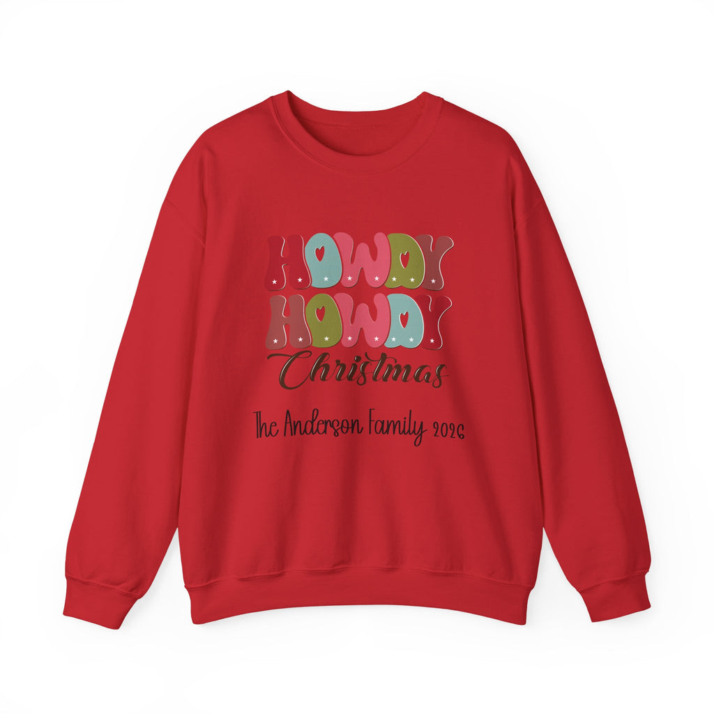 Red personalized Howdy Howdy Christmas sweatshirt, front view