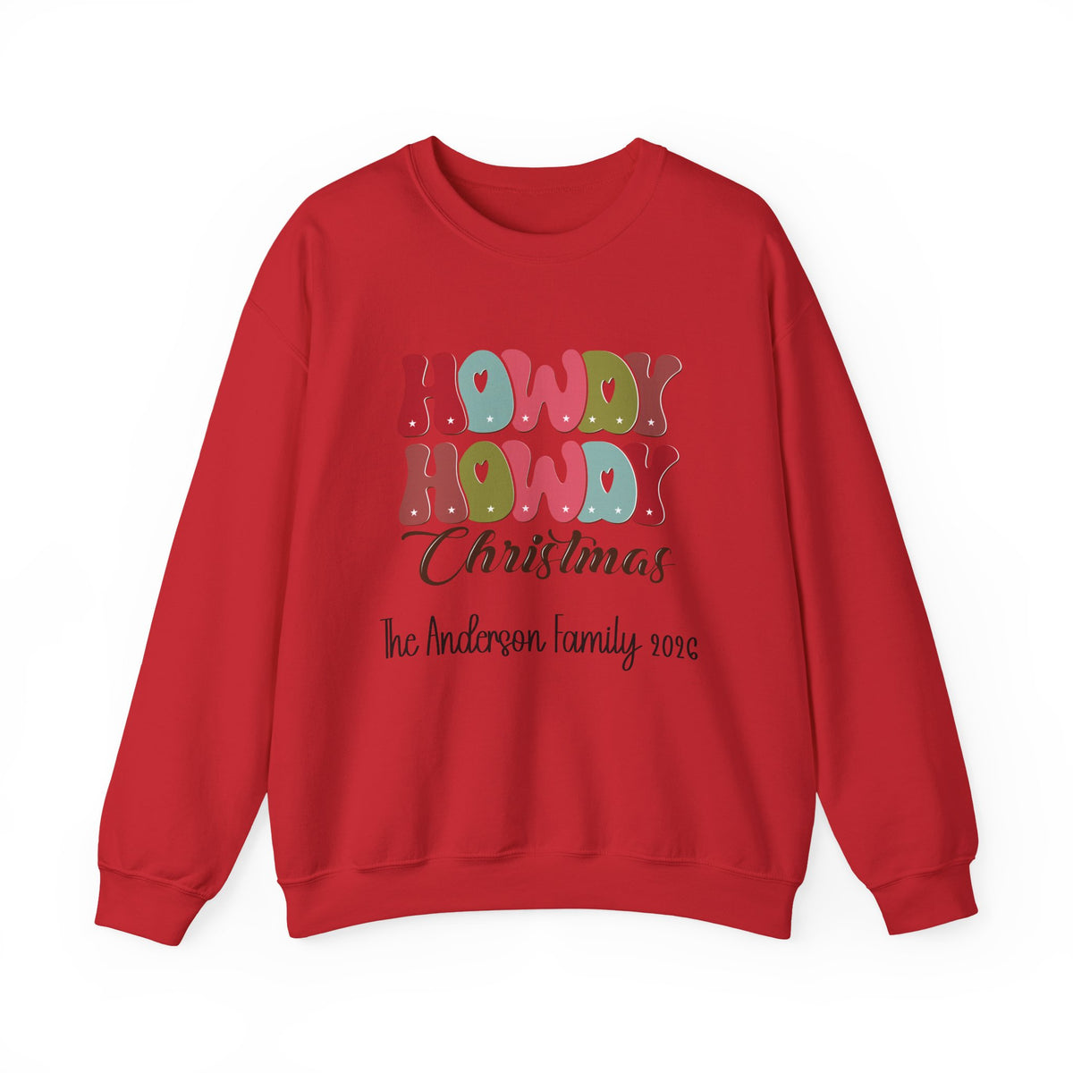 Red personalized Howdy Howdy Christmas sweatshirt, front view