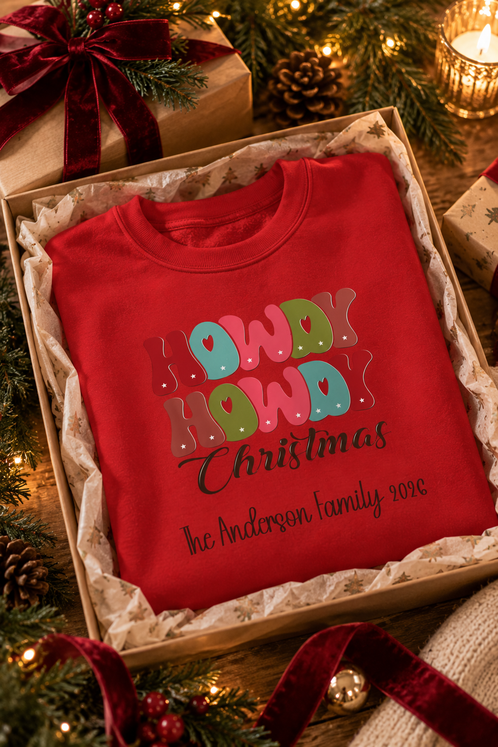 Red personalized Howdy Howdy Christmas sweatshirt, in a Christmas gift box, lifestyle photo