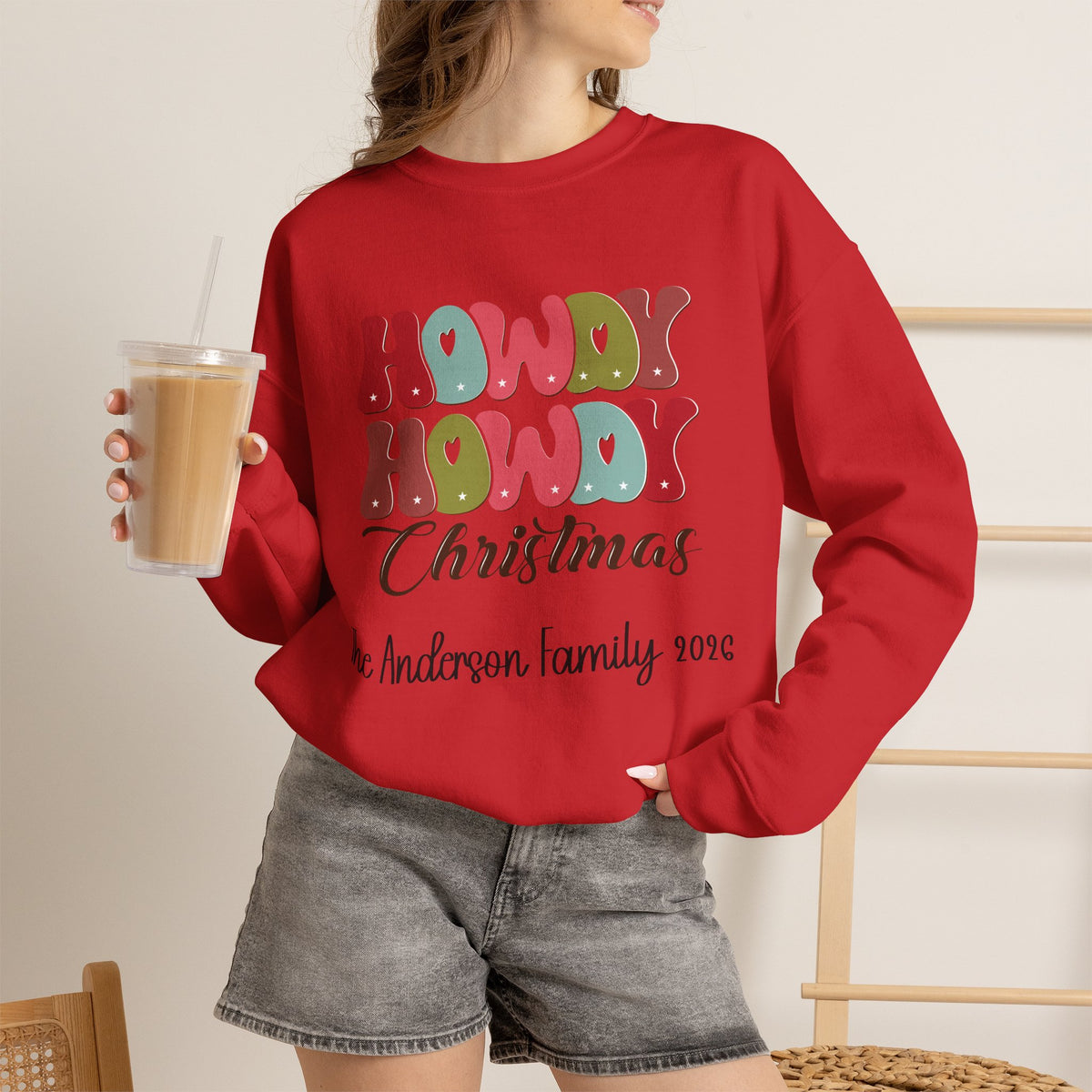 Red personalized Howdy Howdy Christmas sweatshirt, worn by model