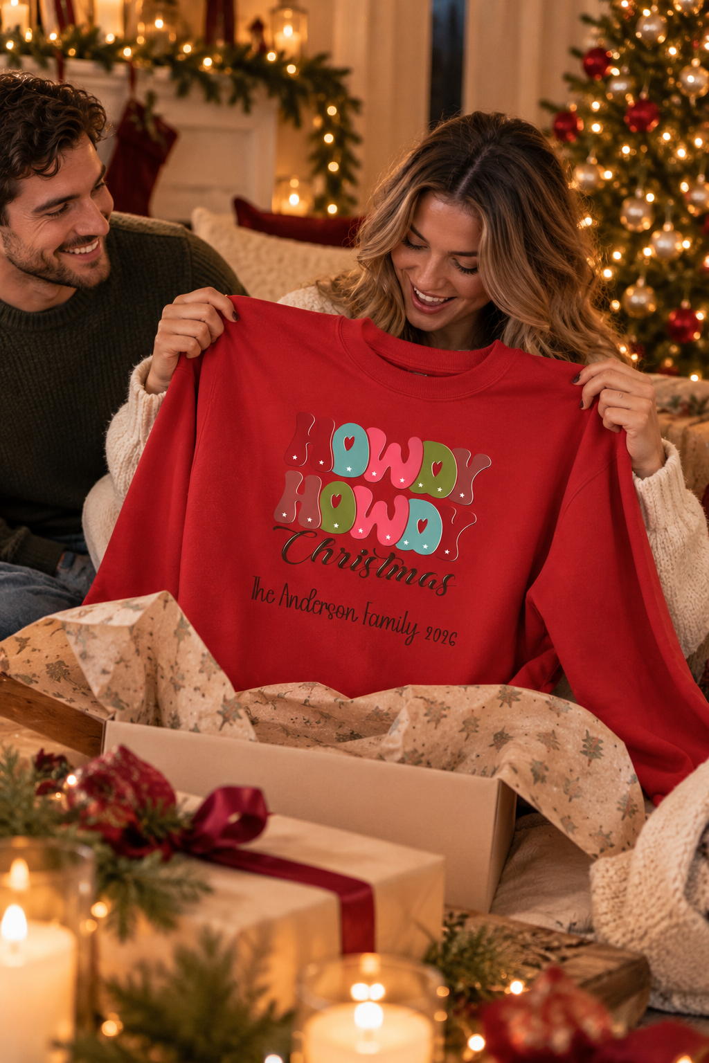 Red personalized Howdy Howdy Christmas sweatshirt, couple unwrapping it as a Christmas gift, lifestyle photo