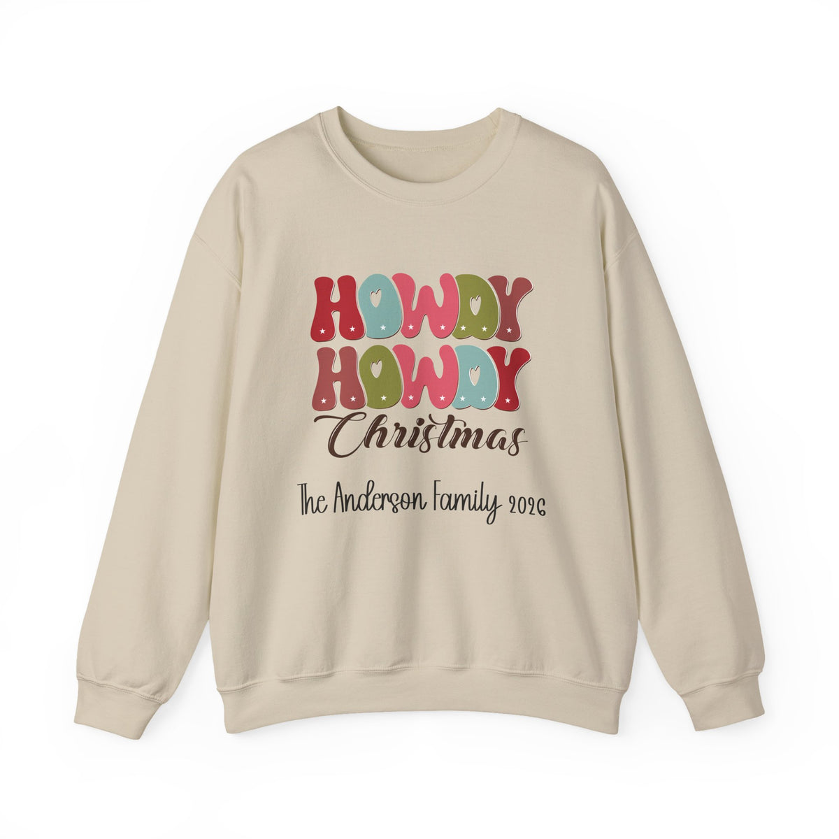 Sand personalized Howdy Howdy Christmas sweatshirt, front view