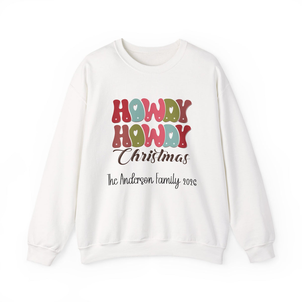 White personalized Howdy Howdy Christmas sweatshirt, front view
