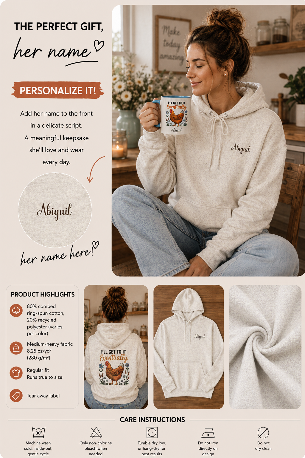A informational collage for a personalized hoodie. A woman sits indoors holding a mug while wearing a light beige hoodie with a small embroidered name on the chest.
